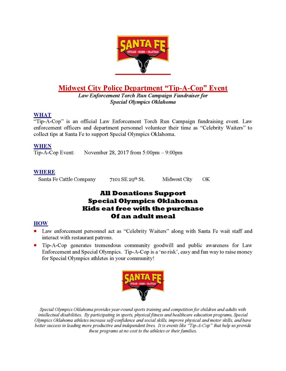 Come out to Tip a Cop at Santa Fe Cattle Co. in Midwest City on Nov. 28