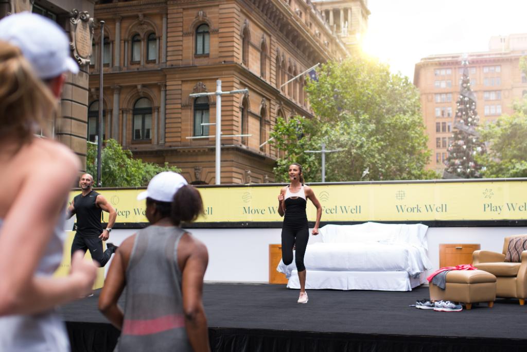 Westin's tweet photo. Our well-being expert @RachaelFinch led a live workout yesterday in Sydney to celebrate the launch of in-room video workouts, available soon at our hotels across Sydney, Melbourne, Brisbane, Perth and Fiji. The series can be accessed 24/7 on guestroom TVs. #LetsRise #MoveWell https://t.co/42DltK6eKs