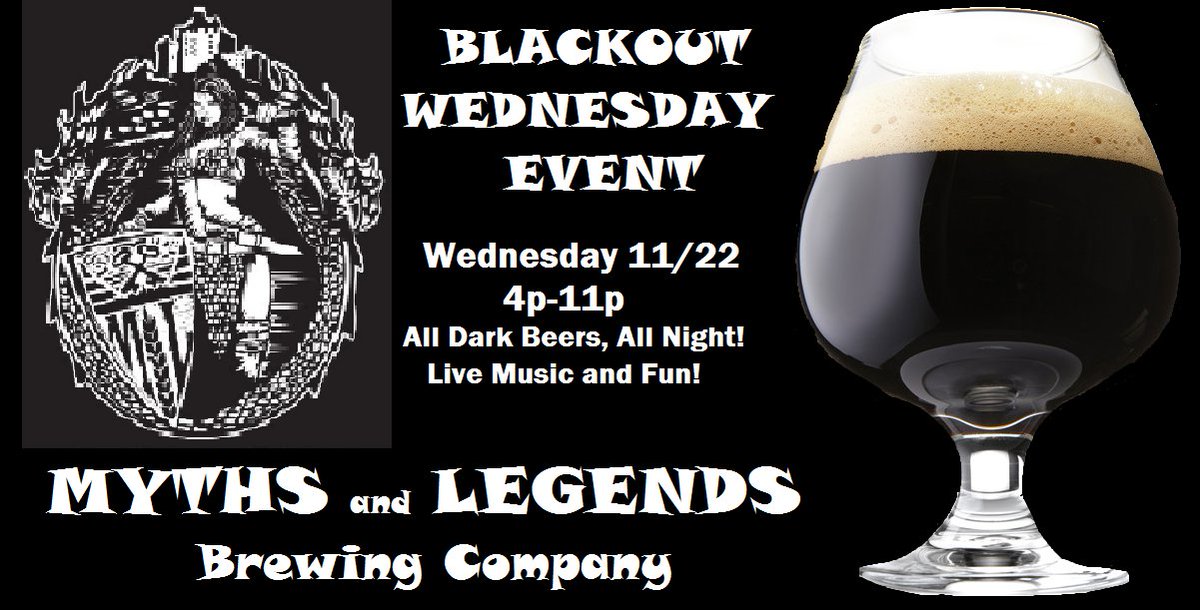 MythsLegendBeer's tweet photo. Stouts, Porters, Black IPAs, Barrel-Aged Beauties, Infusions and More OH MY! Looking forward to All Dark Beers, All Night for Blackout Wednesday w/ extended hours from 4p-11p and live music! https://t.co/WYCZzrshoJ
