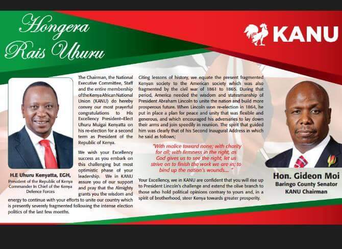 arapngeno's tweet photo. Kanu congratulation message to Hon. Uhuru Muigai Kenyatta. Thumps up our president https://t.co/npqQhsPn0K