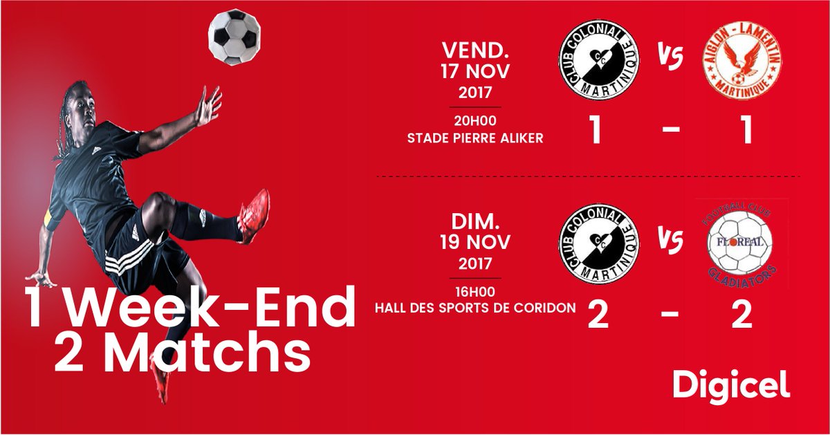 DigicelAG's tweet photo. ⚽️ Vendredi soir, le Club Colonial rencontrait l’Aiglon du Lamentin ! Les équipes ont terminé sur un score de 1-1. Les Clubistes restent en 2nde position du championnat de #Regionale1 😉 #DigicelAG #ClubColonial https://t.co/k9kX6U3vOH