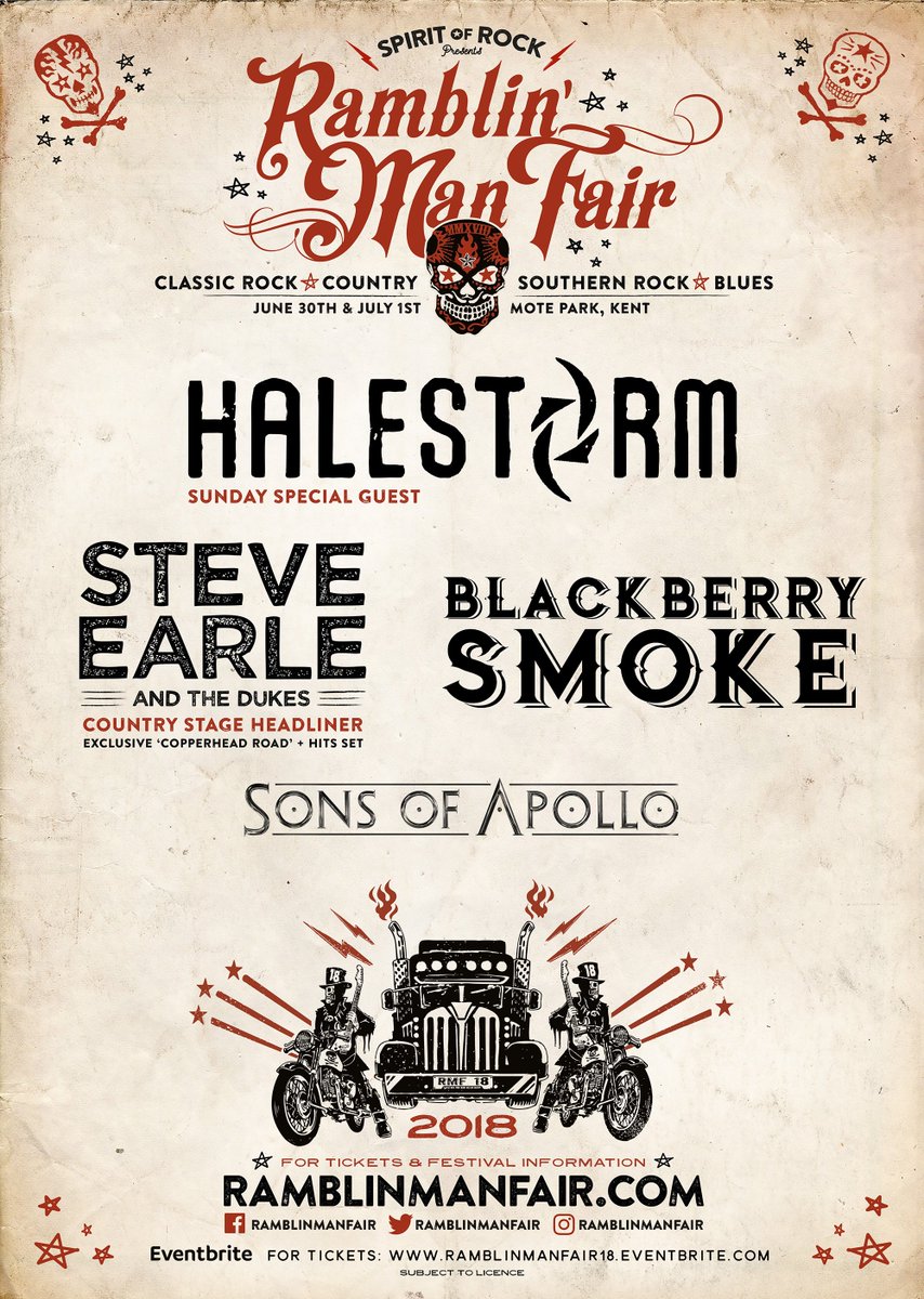 RamblinManFair's tweet photo. The first bands we CAN announce for #RMFair2018 are.. Sunday At The Fair special guests @Halestorm headlining the Outlaw Country Stage @SteveEarle playing Copperhead Rd &amp; more, southern rocker &amp; rollers @blackberrysmoke &amp; finally  @SonsOfApollo1  Tickets: https://t.co/k5FMdiEzGN https://t.co/sPadG5kJEg