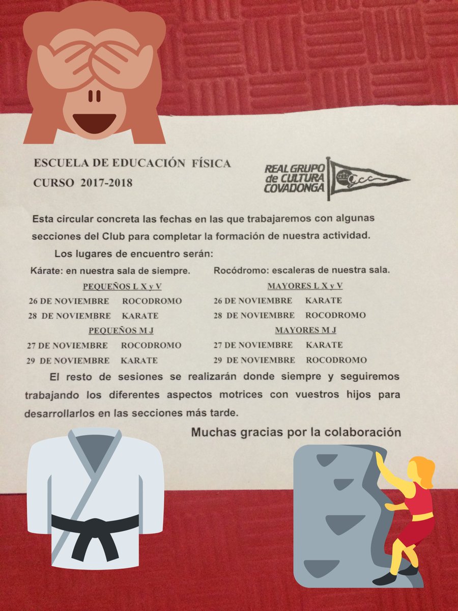 EscEdfisicaRGCC's tweet photo. La semana que viene nos visitará @KarateRGCC y aprenderemos a usar el Rocodromo ,atent@s a las fechas! (pequeño error tipográfico 😅debéis sumar un día a la fecha que indica) #RGCC #SomosGrupo #marquinosquetelias https://t.co/T6TNoB1XPo