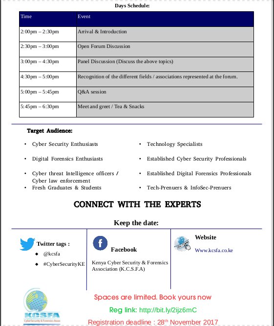 kcsfa's tweet photo. #CyberSecurityKE KCSFA MEET-UP lineup. @CA_Kenya https://t.co/N5p8b8QmPo