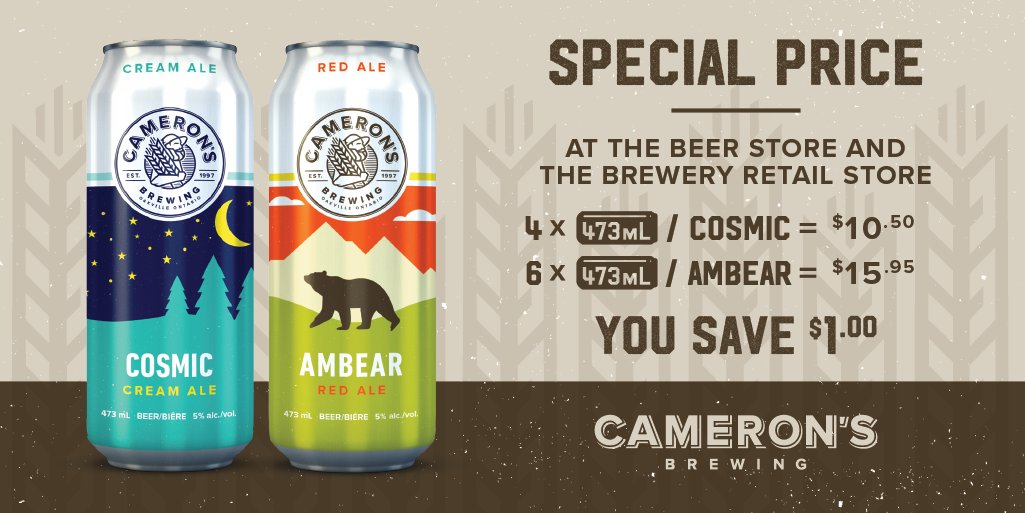 CameronsBrewing's tweet photo. SPECIAL PRICING! You can now SAVE $1 on 4 4 cans (473ml) of our Cosmic Cream Ale or on 6 cans (473ml) of our Ambear Red Ale! ONLY at the @mybeerstore and the @CAMERONSRetail, our brewery store. LIMITED TIME ONLY! #cameronsbrewing #pricedrop #craftbeer #ambear #cosmiccream #ale https://t.co/FCqeZiWNBt