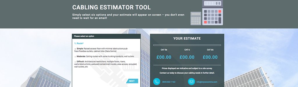 royce_comms's tweet photo. Want to know how much a #structuredcabling job is likely to cost? Get a free estimate using our nifty online calculator tool. Select six options and your estimate will appear onscreen. Try it now: https://t.co/9s9soUwHII https://t.co/BNHsTDMzL9