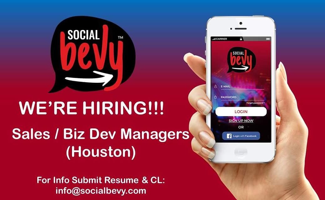 socialbevy's tweet photo. Hey Houston!!! We're Hiring!! Sales &amp; Business Development Managers.... if you would like to be a member of a great team and love having fun... send us your resume! info@socialbevy.com  #socialbevy
#houston #htown #htownnightlife #houstonhappenings #houstonjobs https://t.co/PTg0jbGDIF