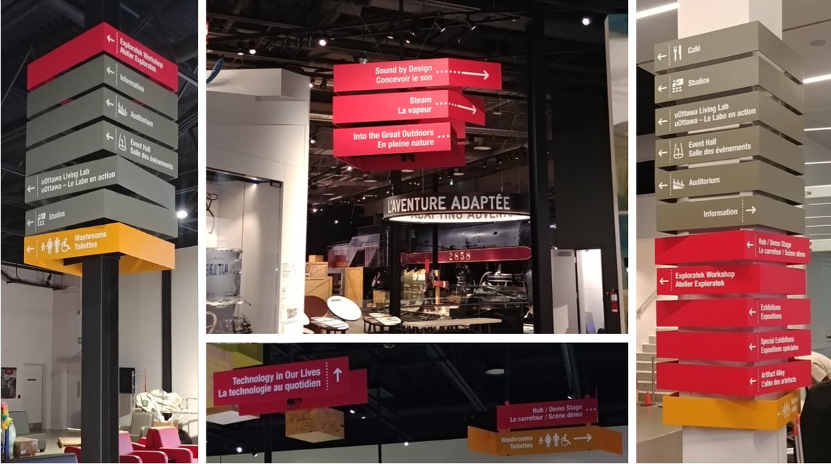 SignsofOttawa's tweet image. Plastics + Signs of Ottawa is proud to have been selected to #fabricate and #install the Canada Science and Technology Museum's #wayfinding #signage. 1/4"aluminum, bent to specified shapes, painted #custom colours on custom mounts, fastened to pillars, beams and unistruts.