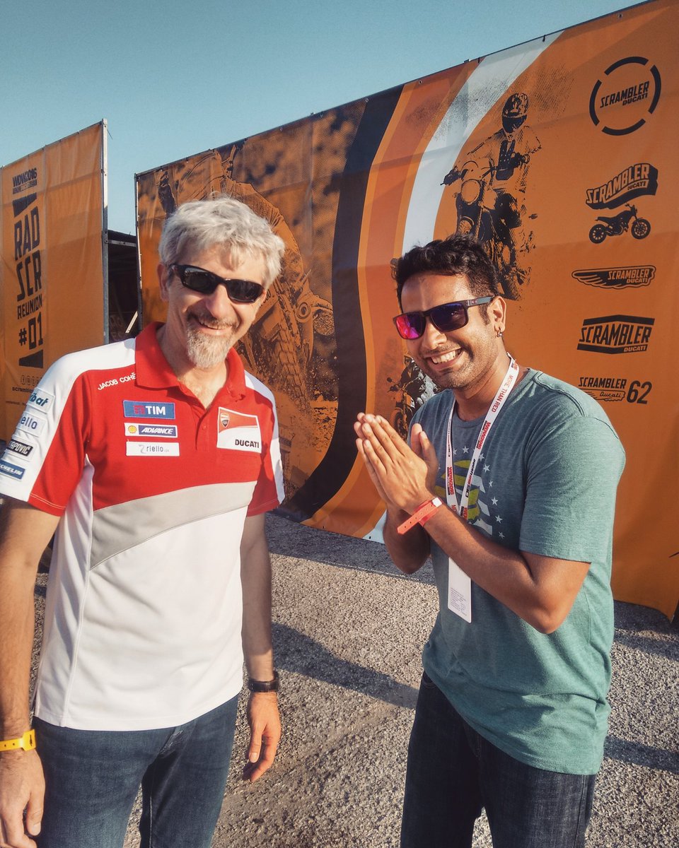 Sagarsheldekar's tweet photo. Was going through old pictures on my phone and came across this gem..My chance encounter with the Einstein of the racing world - #GigiDall'igna #DucatiCorseGMb #TBT #worldducatiweek2016 https://t.co/9MyPxRr6YA