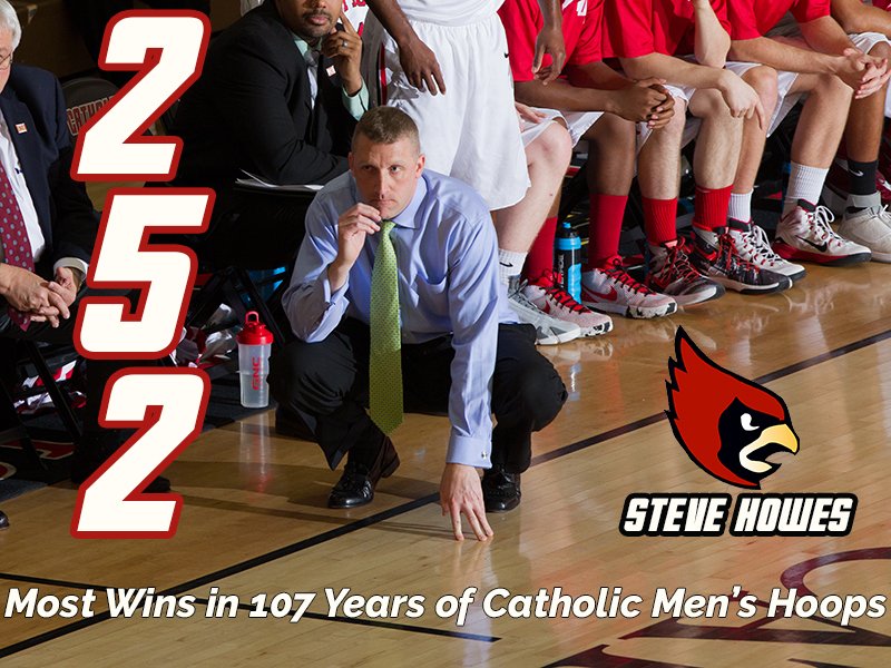 CatholicU_Cards's tweet photo. Congrats to @CatholicU_MBB @CoachSteveHowes on his 252nd career win; the most in 107 years of @CatholicUniv men's hoops! #CUAcards #d3mbb https://t.co/5VKsM1vmYi