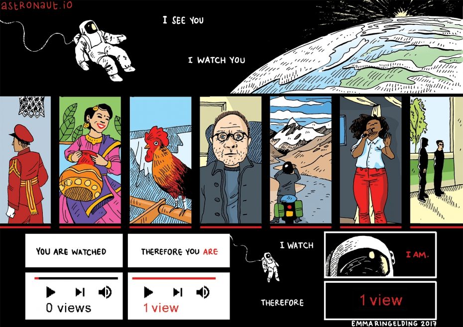 Astronaut.io, an interactive collage of rarely viewed YouTube clips in the <a href="/DocLab/">IDFA DocLab</a> expo, was the source of inspiration for <a href="/eringelding/">Emma Ringelding</a> to draw this cartoon. Published in today's IDFA Daily. Do you like it Astronaut.io developers <a href="/astrojams1/">James</a> and @wongavision ?