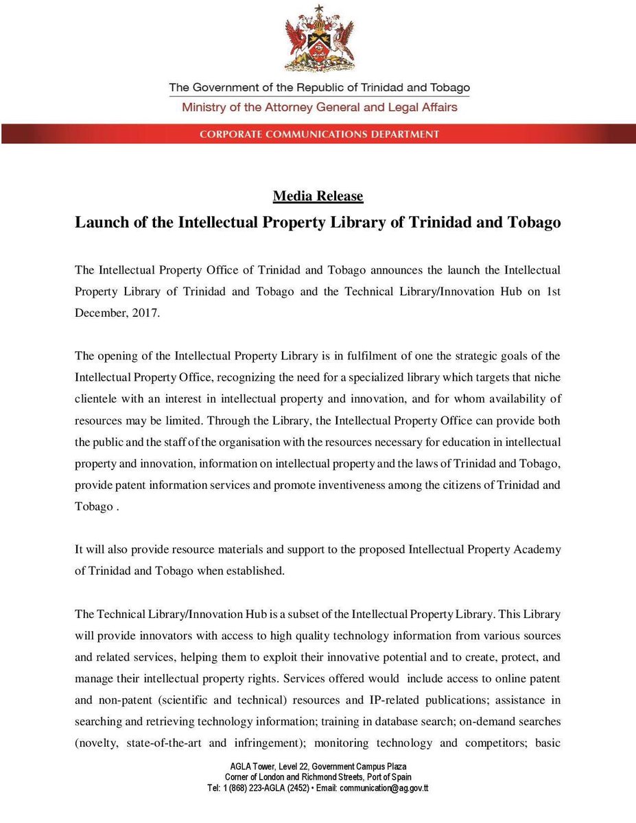 Min_AGLATT's tweet photo. The Intellectual Property Office of Trinidad and Tobago announces the launch the Intellectual Property Library of Trinidad and Tobago and the Technical Library/Innovation Hub on 1st December, 2017.
#GoRTT #AGLATT #IPOTrinbago #IntellectualProperty 🇹🇹 https://t.co/QDfm6t5hdy https://t.co/PowRAhvzs1