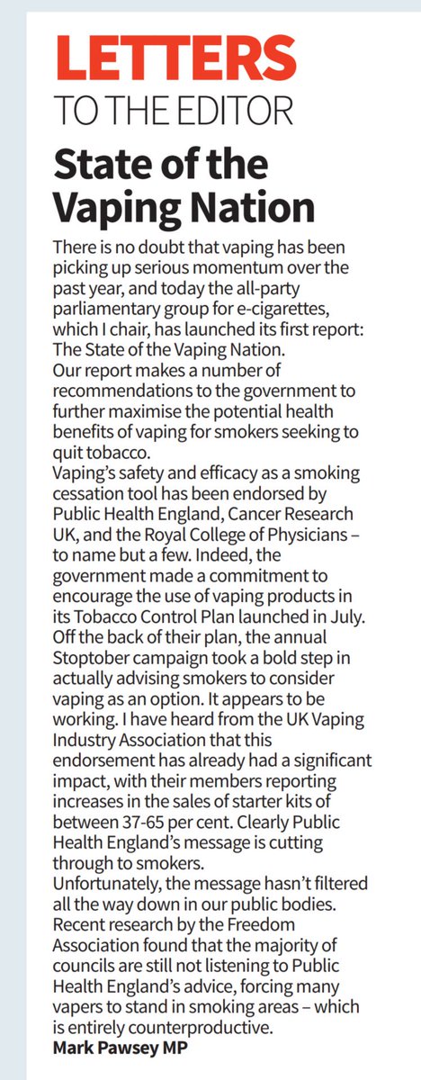 VapingFreedom's tweet photo. Great letter from @MarkPawsey in yesterday's @CityAM. #freedomtovape https://t.co/7YbMC5nDuo