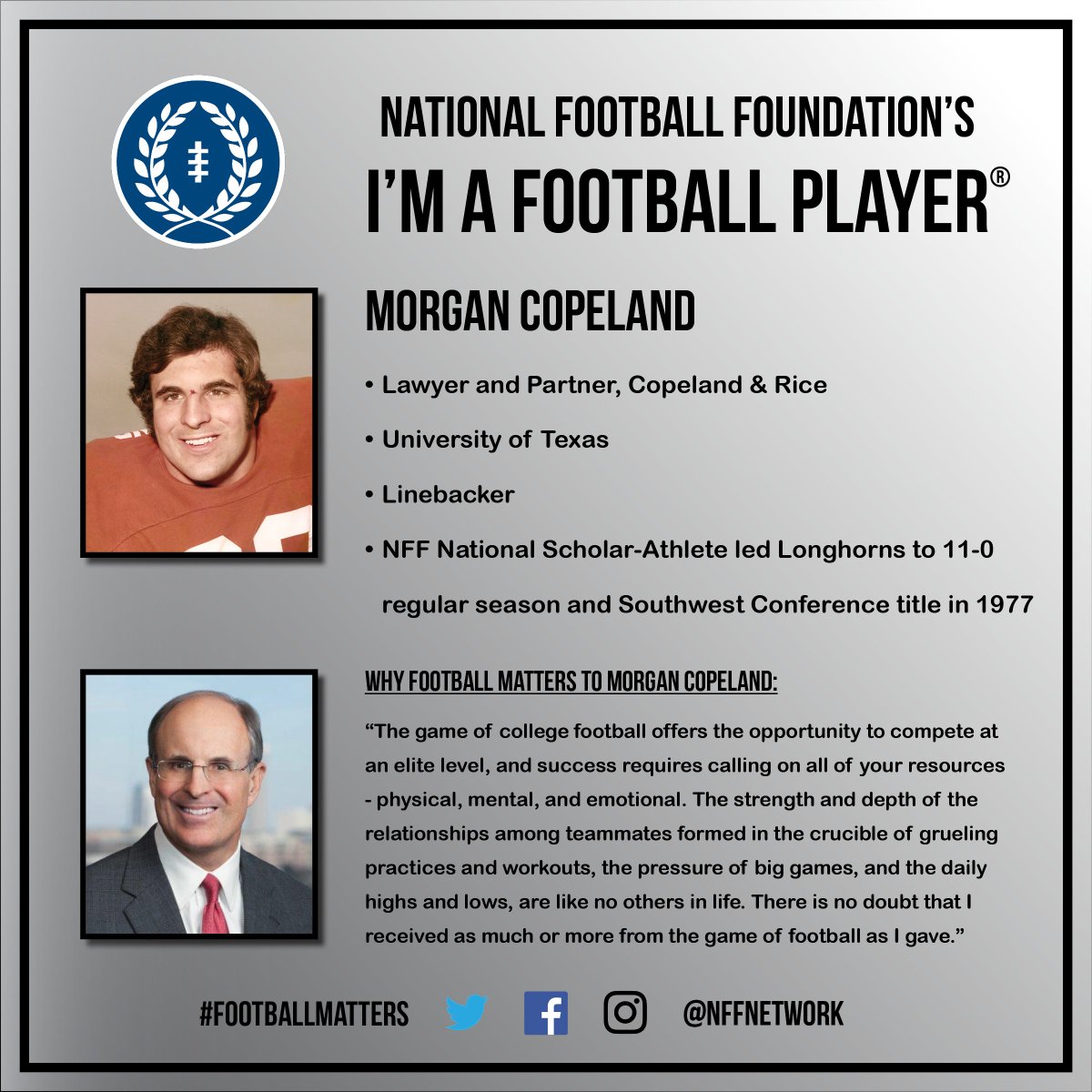 NFFNetwork's tweet photo. I'm A Football Player: Morgan Copeland, @TexasFootball LB &amp; Lawyer and Partner at Copeland &amp; Rice #FootballMatters #ImAFootballPlayer https://t.co/Lvtv2NRl5x
