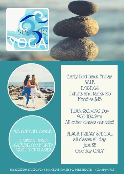 SeasideYogaRI's tweet photo. Check out our #BlackFriday deals! Grab discounted @SeasideYogaRI gear and join us for $5 classes all day! #PortsmouthRI #RhodeIsland #Yoga https://t.co/BEw51wFJH9