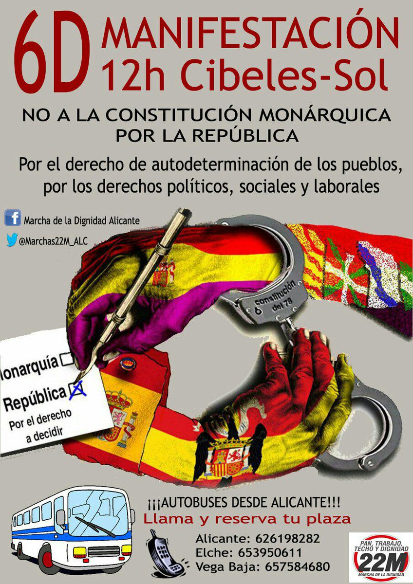 Marchas22M_ALC's tweet photo. Una constitución donde los recortes son legales y la democracia no,NO nos representa.Este #6D vente en bus a #Madrid desde #Alicante #Elche https://t.co/vcheqY61J0