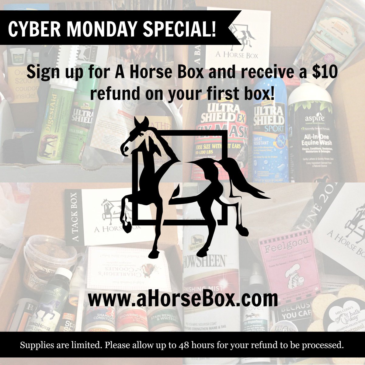 It’s Cyber Monday! TODAY ONLY- sign up for A Horse Box and receive a $10 refund on your first box. Supplies are limited. Sign up HERE: bit.ly/CyberMondayHor…. 🐴📦