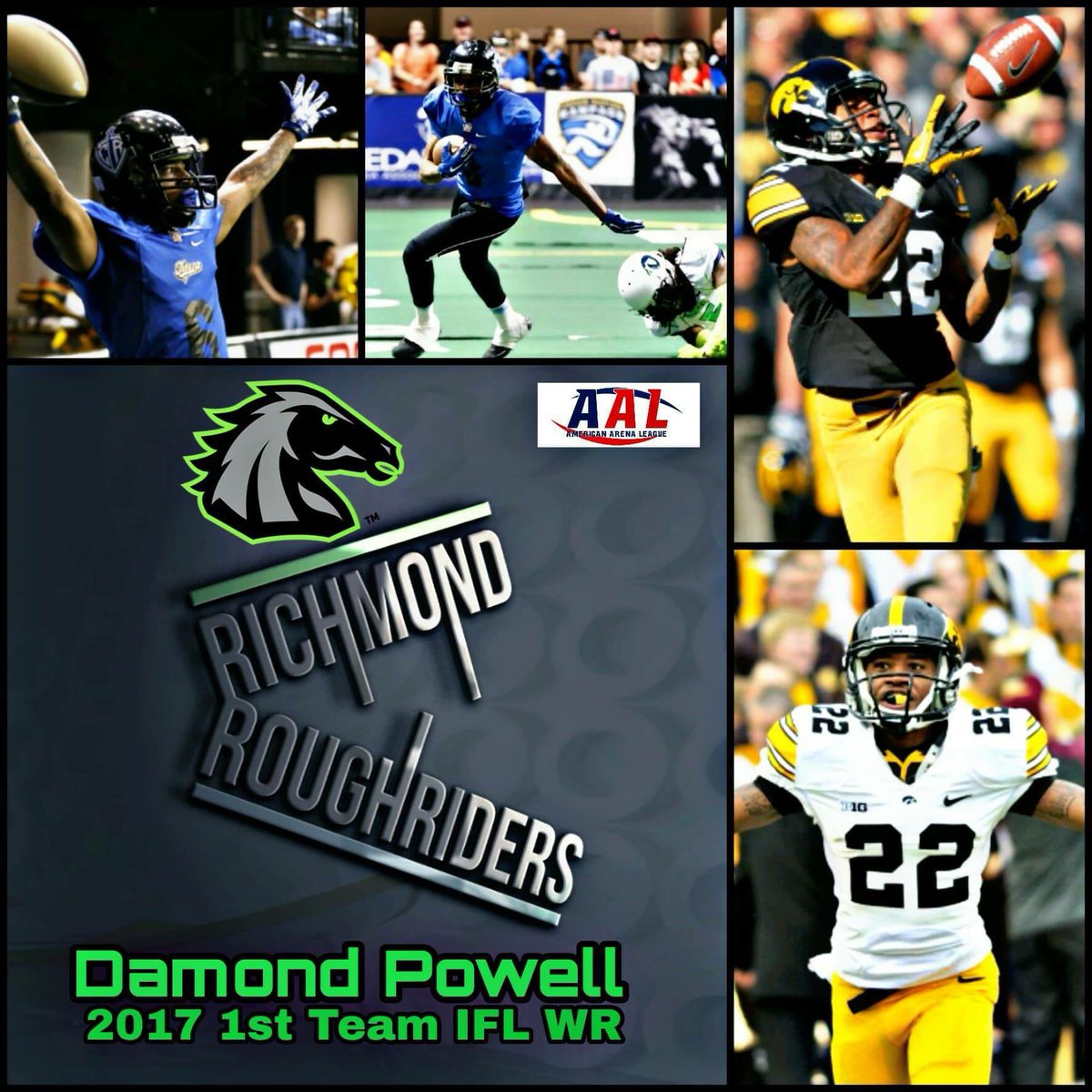 WVRoughriders's tweet photo. Breaking News 🚨 
The Richmond Roughriders sign Iowa Hawkeyes own and First Team All IFL WR Damond Powell from the Cedar Rapids Titans 🏈 Powell led the IFL last year in TD's (22) and Yards After Catch! @LWOS_IndoorFB @inside_arena @ArenaBallTalk @MarvinJonesJets @jimjonescapo https://t.co/d6zJ9h9ZOo