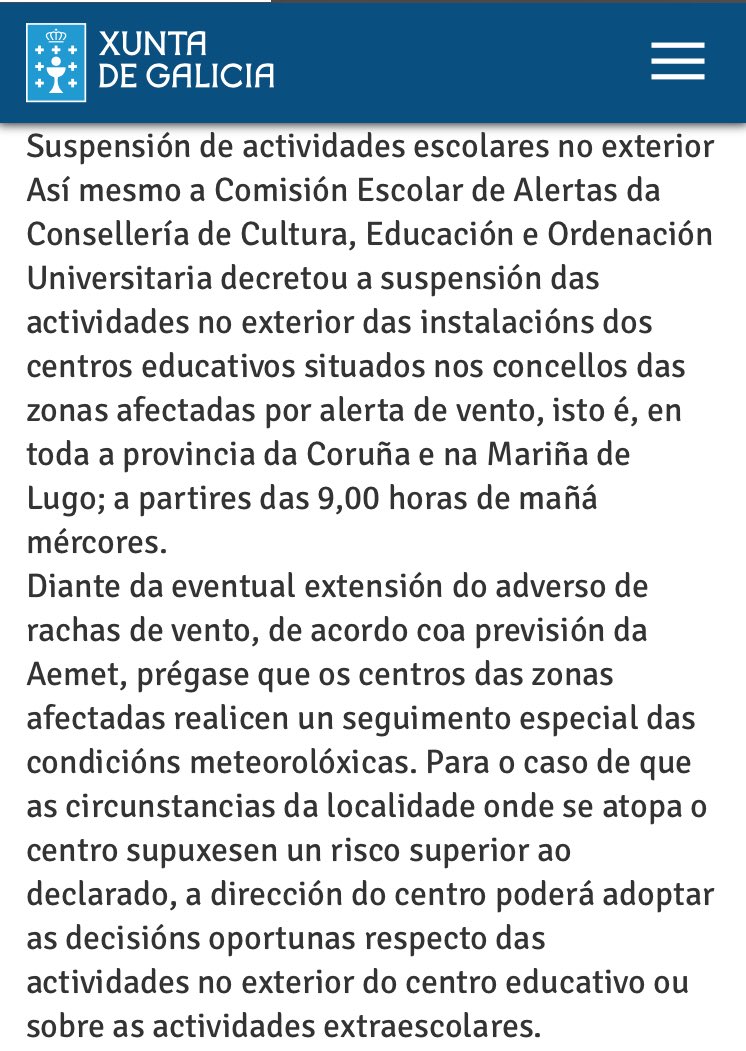 pcrianxo's tweet photo. Suspensión actividades escolares no exterior na provincia da Coruña. https://t.co/yC5c8YbTRw