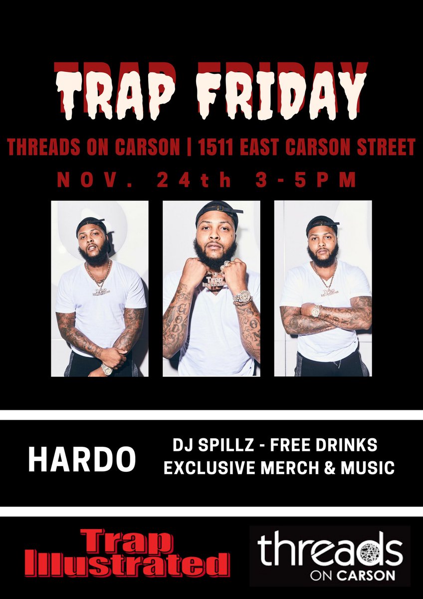 strawberrycuzz's tweet photo. 🏚TRAP FRIDAY🏚
- @its_spillz spinning
- @trapnhardo posted up
- Drinks
- EXCLUSIVE MERCH
- UNRELEASED MUSIC
RT for @trapnhardo if you comin through @ThreadsOnCarson 🏚
#trapillistrated #hardo #pittsburgh #boutique #blackfriday #trapfriday #threadsoncarson https://t.co/OGcuwVugTv