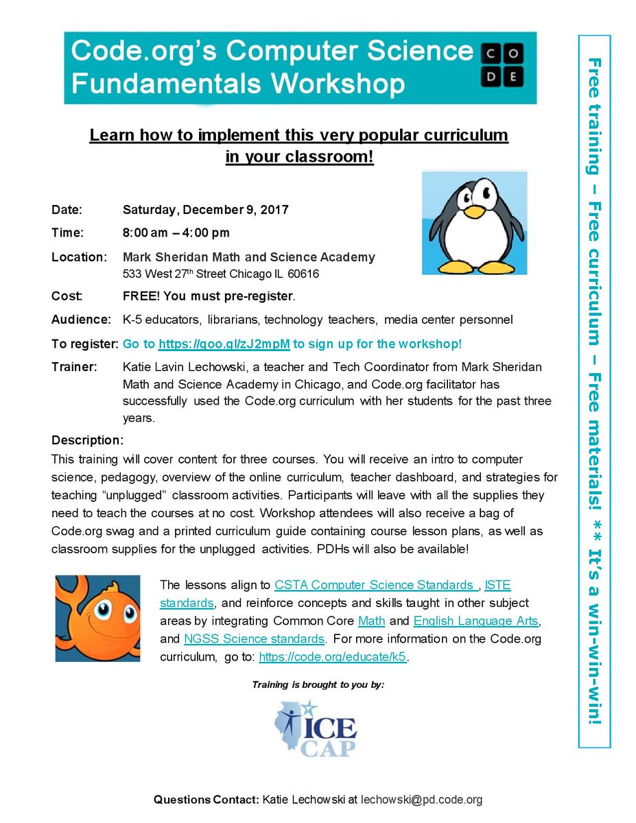 ideaillinois's tweet photo. Please join @icecapchicago 12/9/2017 for @codeorg Computer Science Fundamental Workshop w/ @KatieLechowski -- admission is FREE for ALL! https://t.co/XXNKFv9sJ4 #codeorgPD​ @TeachCode #icecapmc https://t.co/sPV7Ci9Aty