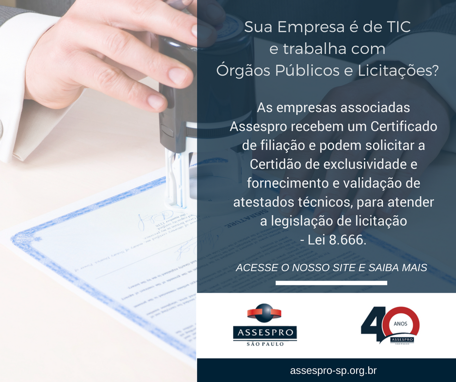 AssesproSP's tweet photo. Sua empresa é de TIC trabalha com órgãos públicos e licitações e ainda não é associada? Só as empresas associadas podem solicitar as Certidões de Exclusividade e Capacidade Técnica, acesse o nosso site e saiba mais agora mesmo https://t.co/1hGwj3zakd
#assesprosp #informaçao https://t.co/AqP28FlGr8
