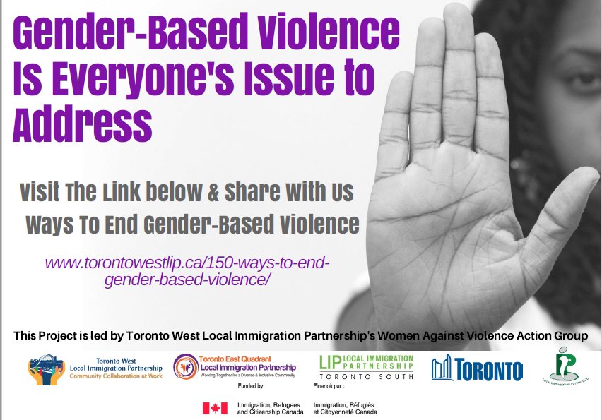 ErnestinesWS's tweet photo. Toronto West Local Immigration Partnership’s Women Against Violence is collecting 150 ideas on ways to end gender-based violence. These suggestions will be compiled &amp; issued in December. Submit your suggestions here: https://t.co/gzCGnUVajq … … #SayNoToGenderViolence #TWLIPWAV https://t.co/Y7VZbbhARc