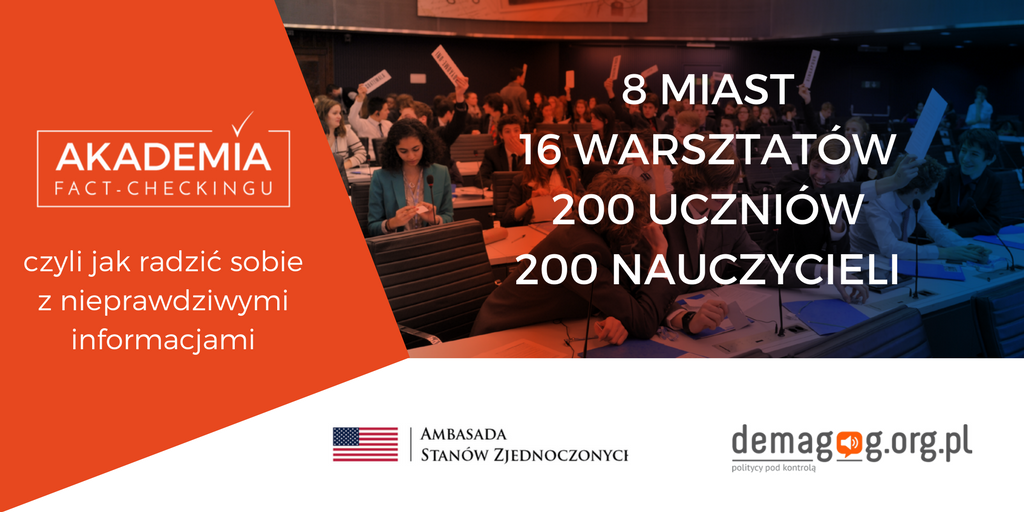 DemagogPL's tweet photo. 📣Jak radzić sobie z fałszywymi informacjami❓
Na to pytanie odpowiemy podczas nowego cyklu 16 warsztatów przeprowadzanych we współpracy z Ambasadą USA w Polsce 🇺🇸w ramach projektu Akademia Fact-Checkingu.
➡ https://t.co/UKRnj53Ifh
#fakenews #factchcecking #Akademia #warsztaty https://t.co/diKNaf65QD