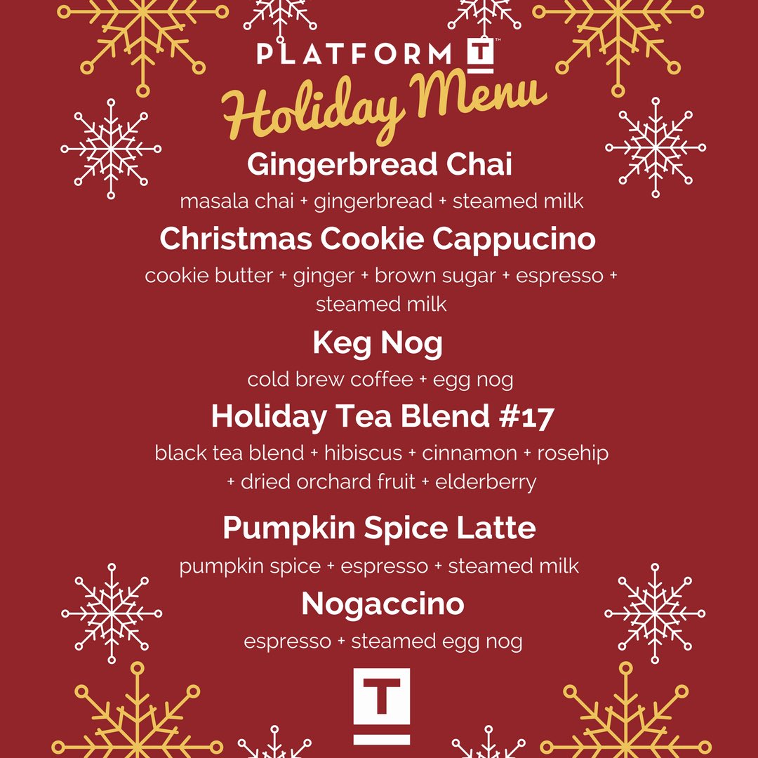 Platform_T_'s tweet photo. Our Holiday Menu is here to help you get through the season!
#holidaymenu #gingerbread #gingerbreadchai #denver #denvertea #glendalecolorado #platformt #nogaccino #pumpkinspicelatte https://t.co/k2uOmqSt27