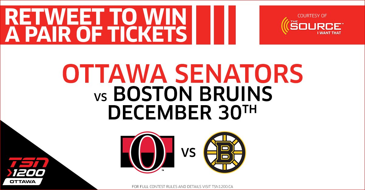 RE-TWEET to win a pair of tickets to the <a href="/Senators/">Ottawa Senators</a> game on December 30th vs the <a href="/NHLBruins/">Boston Bruins</a> courtesy of The Source. The Source is the place for I WANT THAT. From November 23rd to December 3rd, spend $150 or more at The Source and get a pair of tickets to an Ottawa Senators game!