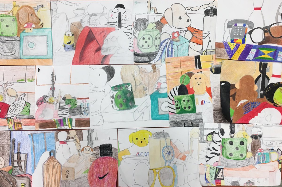 LMD_ArtEd's tweet photo. 7th gr #StillLife in various stages of completion. Ss bring in #meaningfulobjects to create the display. We focus on #value #composition #ShapeVsForm #crockettart @Crockett_HTSD https://t.co/Y1qqrukG1V