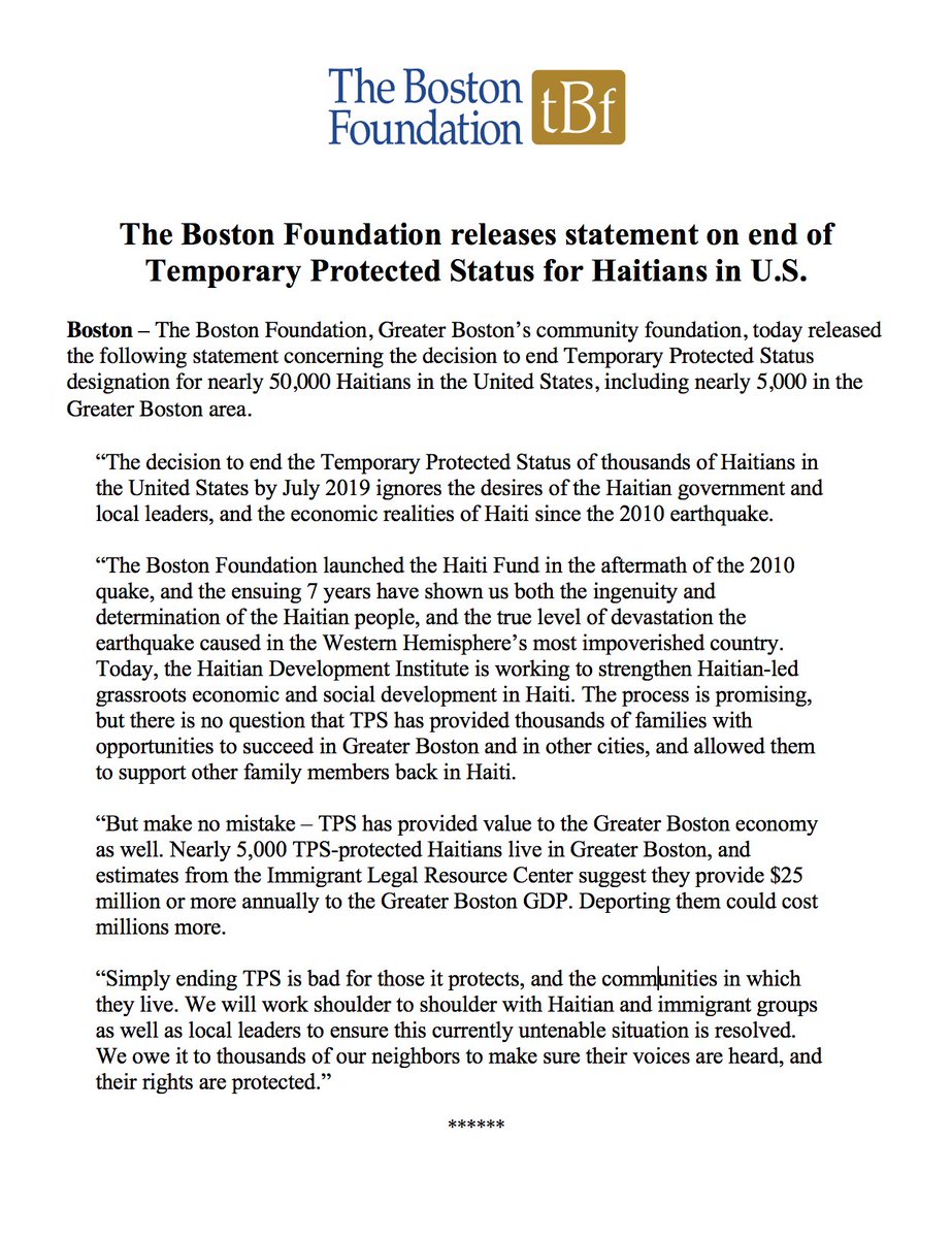 bostonfdn's tweet photo. Our statement today on the unfortunate decision to end TPS status for thousands of Haitians living in the U.S. #TPSforHaiti https://t.co/WPD3dTTfwq