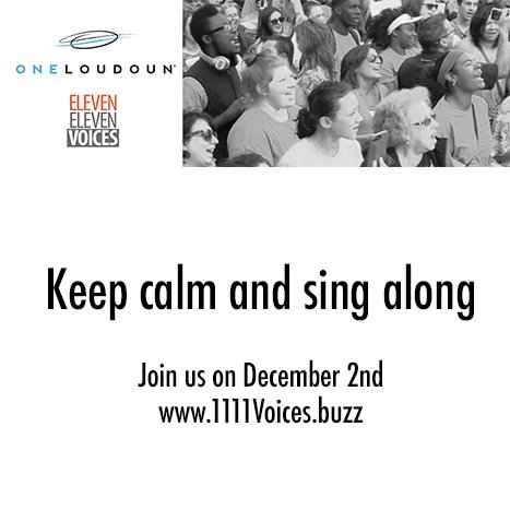 1111Voices's tweet photo. Keep calm and sing along... Join us on Dec 2nd!!
Sign up today! https://t.co/RUhUypll5M #flashmobchoir #loudoun #EEVOneLoudoun #charactercounts #buildcommunity #music https://t.co/0hmEcf2kuj