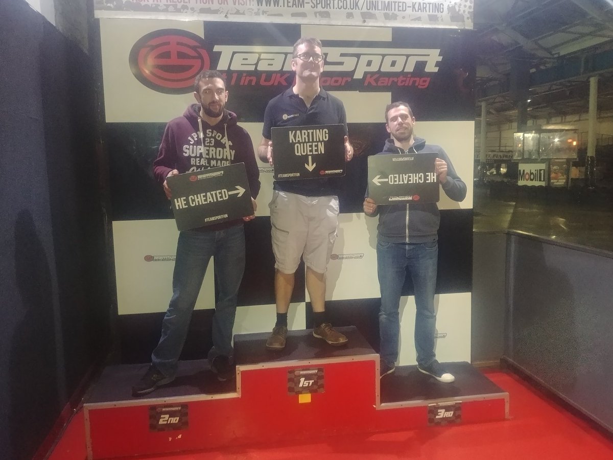 NewMiltonRT's tweet photo. This year's go-karting podium. I like to think we all won and that motor sport was the real winner tonight, but then again, maybe that's because I came 9th?! #DoMore https://t.co/xKT79K0ZN3