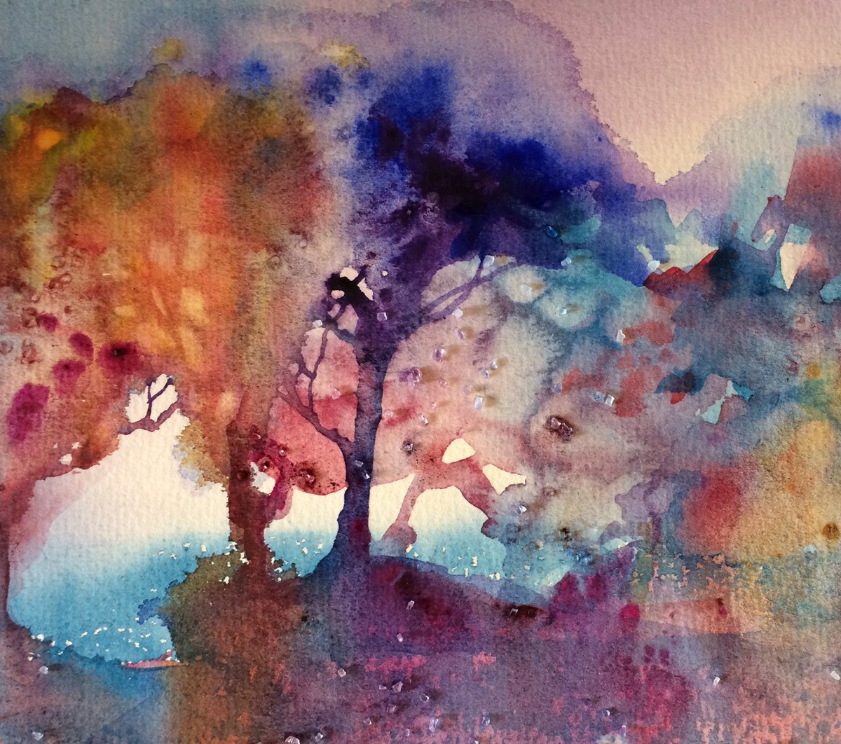 Detail from a recent #watercolour #gravity-painting inspired by #autumncolours <a href="/ntstourhead/">Stourhead</a> With added rock salt 'bling'!