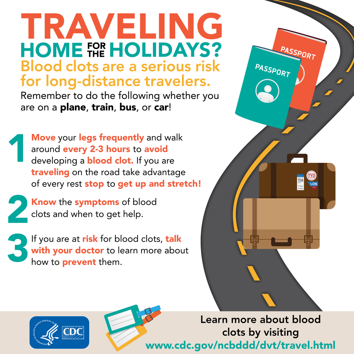 CDCgov's tweet photo. Traveling home for the holidays? Here’s what you need to know to prevent a blood clot. https://t.co/u4oPV7ABu2 https://t.co/4Xsf6l9sCw