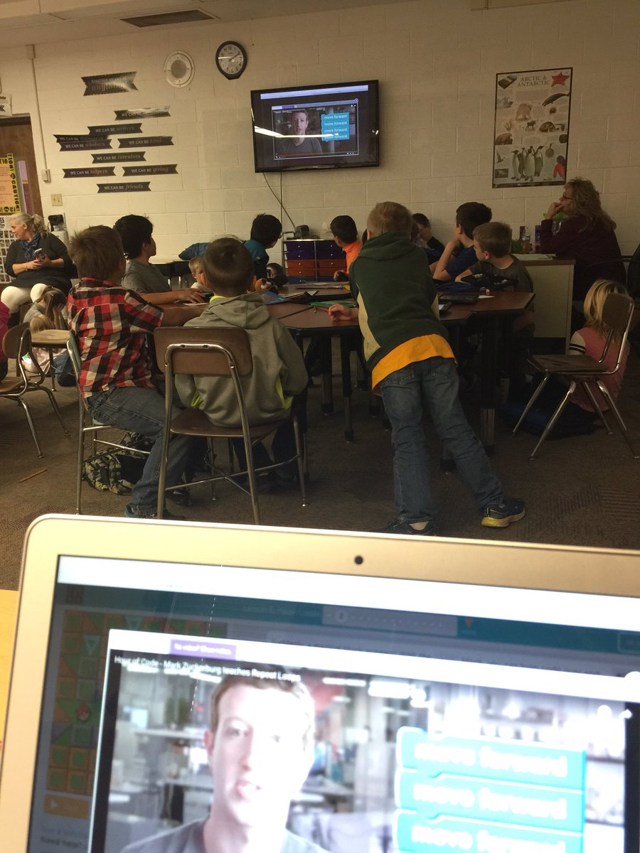CaseyMattingly's tweet photo. My students this afternoon are getting some help from Mark Zuckerburg (creator of Facebook) on their coding lesson about Repeat Looping! Hour of Code is coming... #AlexEdChat #DisruptionEDU @MrBartmas @AlexSupt https://t.co/8r4MImmk3w