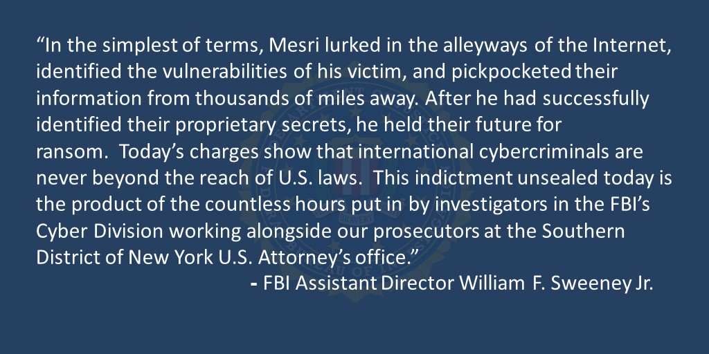 NewYorkFBI's tweet photo. Charges announced today against Behzad Mesri, an Iranian national,  for conducting a cyber attack and $6 million extortion scheme against HBO https://t.co/C46wMOIuT3 https://t.co/9ChZHfyRBY