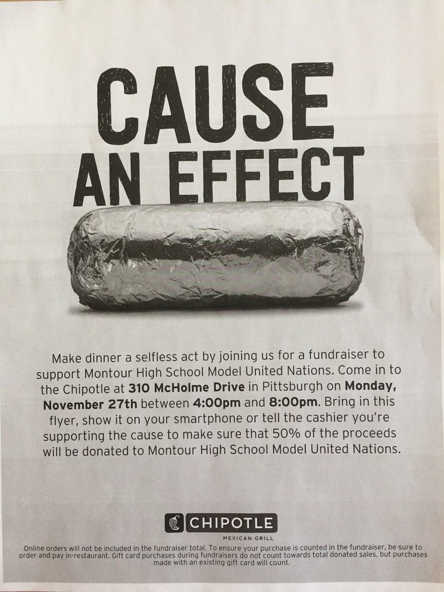 joelene22jo's tweet photo. Come to Chipotle in Robinson on Monday November 27 between 4 and 8 and mention @MontourModelUN #MontourProud https://t.co/JGYxKIYwfz