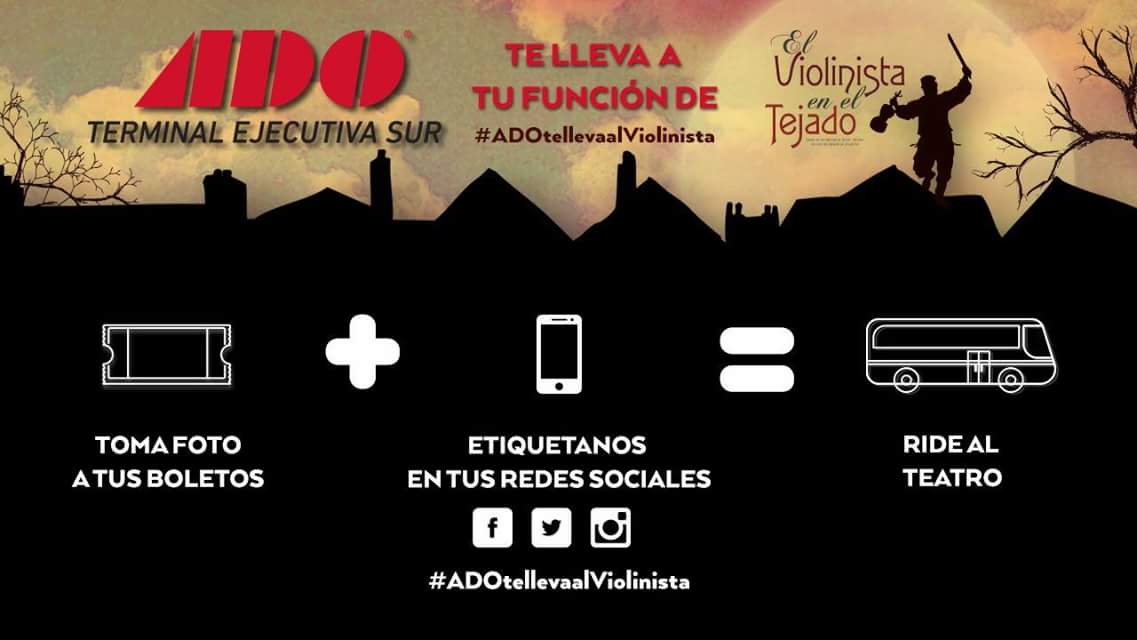 ¡¡Ya no hay más pretextos para no ver El Violinista en el Tejado!!

el teatro del parque, Bernstein-Peralta y ADO te damos ride al teatro. 

Solo sube una foto de tus boletos del teatro a nuestras redes sociales con el #ADOtellevaalViolinista y nosotros nos encargamos de llevarte