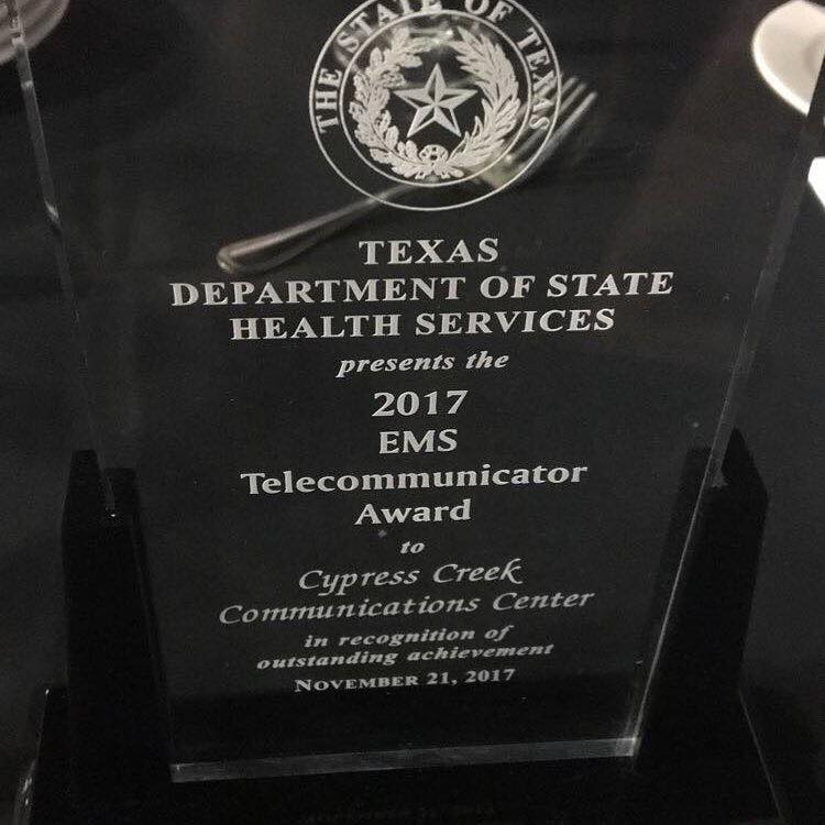 CCEMSTX's tweet photo. This Just in from the 2017 @TexEMSConf in Fort Worth. Cypress Creek's Comm Center is named Telecommunications Center of the Year for the incredible job the staff did during Hurricane Harvey. https://t.co/IJzKDy4PMU