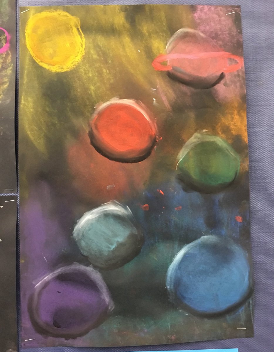WSEArtRoom's tweet photo. In a class of “must do” chalk pastel planet spheres, I’m grateful there’s always that one kid who adds a chicken. @WSExplorers #13daysofthanks #arted #everythingneedsachicken #K12ArtChat https://t.co/MM6qvp5IqU