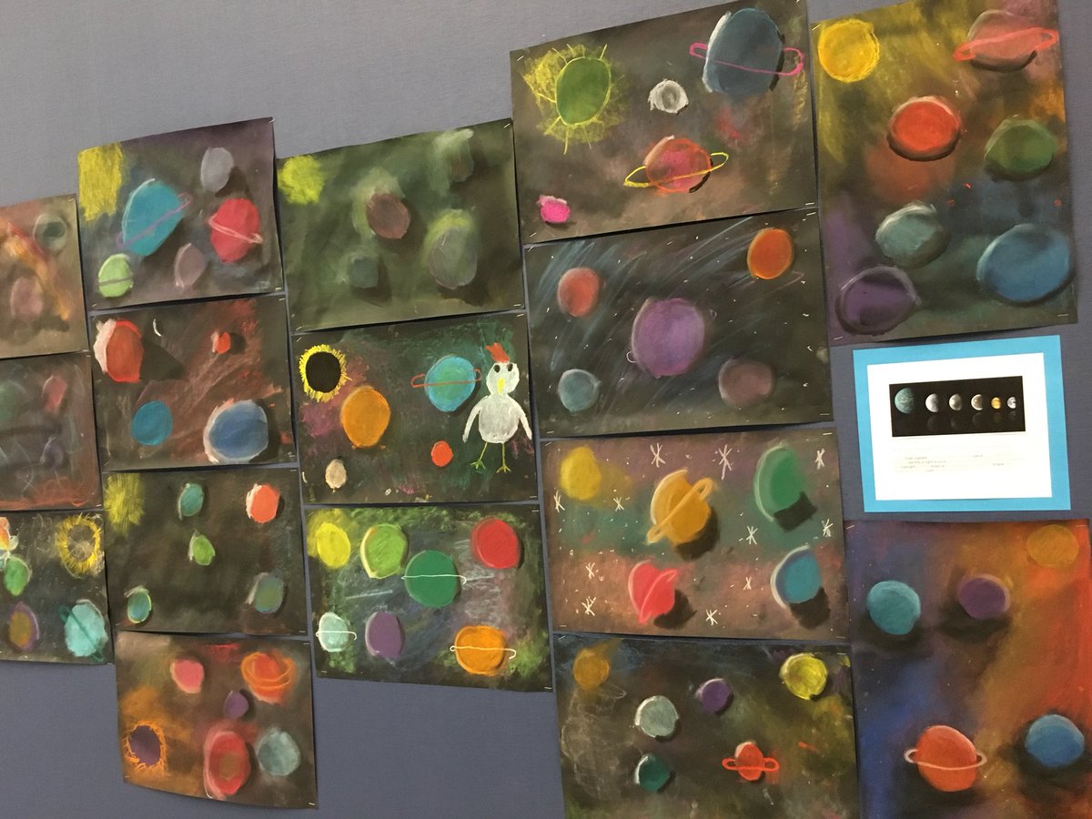 WSEArtRoom's tweet photo. In a class of “must do” chalk pastel planet spheres, I’m grateful there’s always that one kid who adds a chicken. @WSExplorers #13daysofthanks #arted #everythingneedsachicken #K12ArtChat https://t.co/MM6qvp5IqU