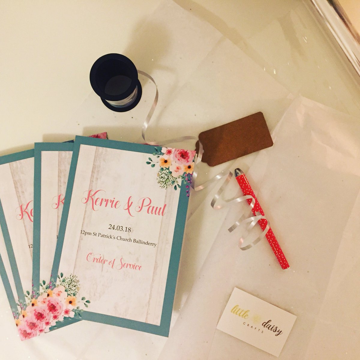 lildaisycrafts's tweet photo. Really enjoying putting this Order of Service sample together for a lovely couple! Nothing better than pretty tissue paper, cellophane and shiny ribbon! #hardatwork #sampleorder #weddinginvitation https://t.co/7k7UrBXx7Y