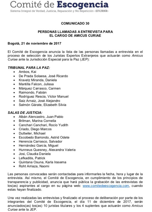CdeEscogencia's tweet photo. @CdeEscogencia anuncia la lista de juristas expertos extranjeros llamados a entrevista para actuar como Amicus Curiae ante la JEP https://t.co/X0XUzBu1a7