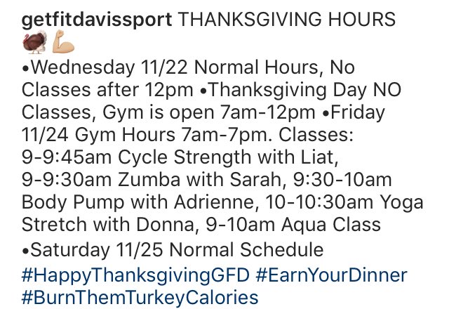 GFDSport's tweet photo. Gym Hours and Group Ex Schedule #EarnYourDinner #BurnThemTurkeyCalories https://t.co/06fLmGm5bf