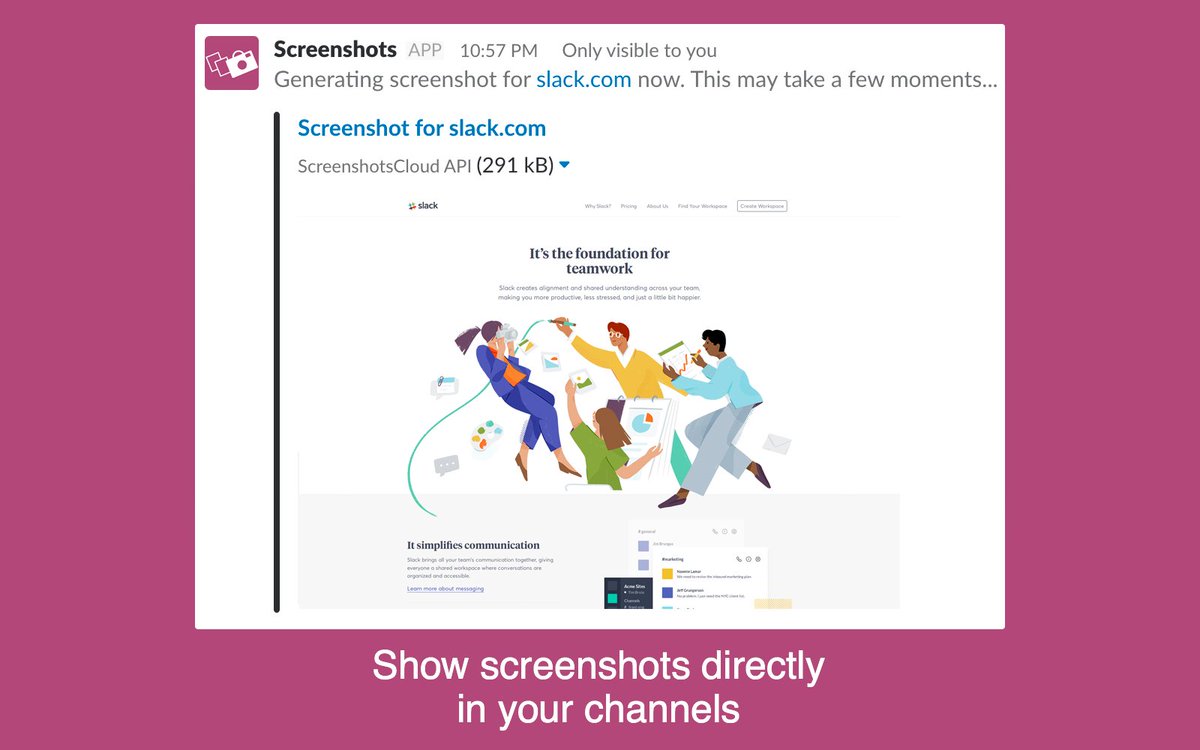 ScreenshotApi's tweet image. We're very happy to announce that ScreenshotsCloud is now available in the @SlackHQ app directory! Install it at slack.com/apps/A7PPNTE22… and get screenshots directly in your Slack workspace.