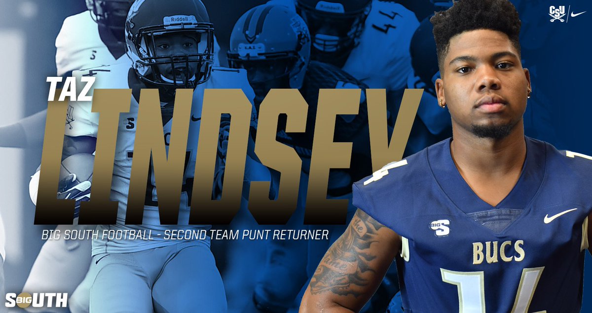 csusports's tweet photo. Second in the #BigSouthFB in punt return average, and added a 45-yard TD return against MVSU, @TazLindsey earns 2nd Team All-Conference honors #GoBucs https://t.co/y6GpkWPg6U