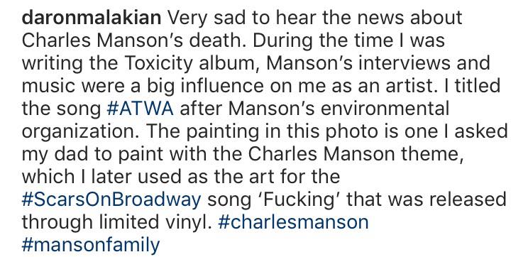 SOADNews's tweet photo. Daron Malakian just posted a note about #CharlesManson‘s death.
You can check out the picture of him in front of his fathers painting and #D’s statement below!
#DailyDaron #SOADNews #RIPCharlesManson #SystemOfADown https://t.co/W1Yq8r3bet