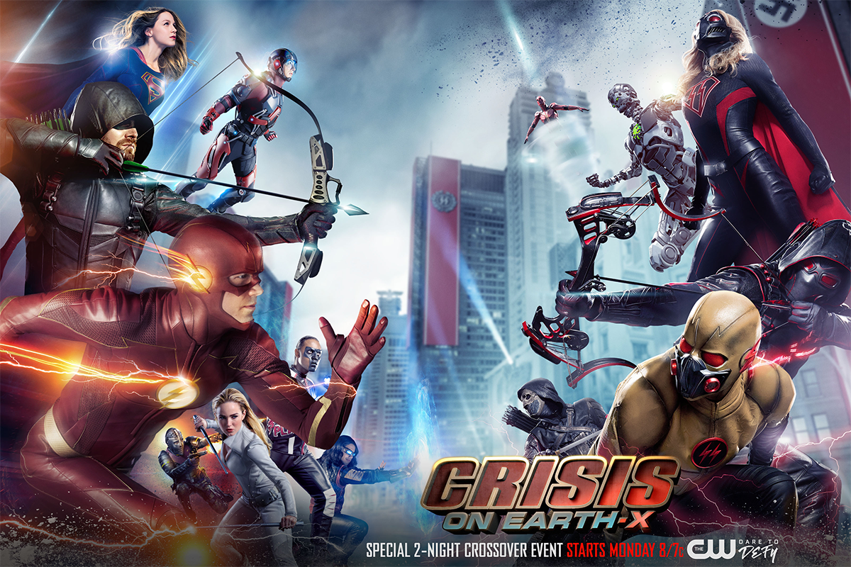 CW_Arrow's tweet photo. Earth's mightiest heroes vs. Earth-X's deadliest foes. The 2-night crossover event, #CrisisOnEarthX, begins Monday at 8/7c on The CW. https://t.co/ohaSmPposk